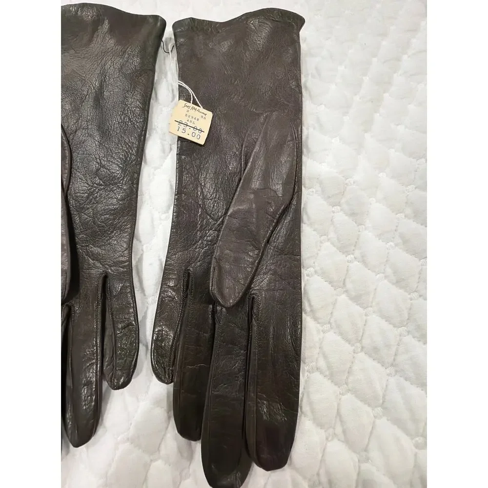 Saks Fifth Avenue Vintage Brown Leather Gloves Silk Lined Made in France Size 6